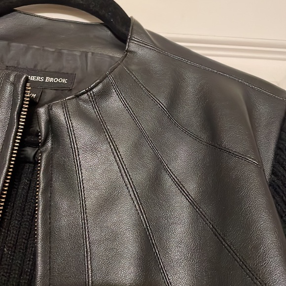 Black faux leather and knit zip-up sweater jacket with Size Medium - Picture 7 of 10